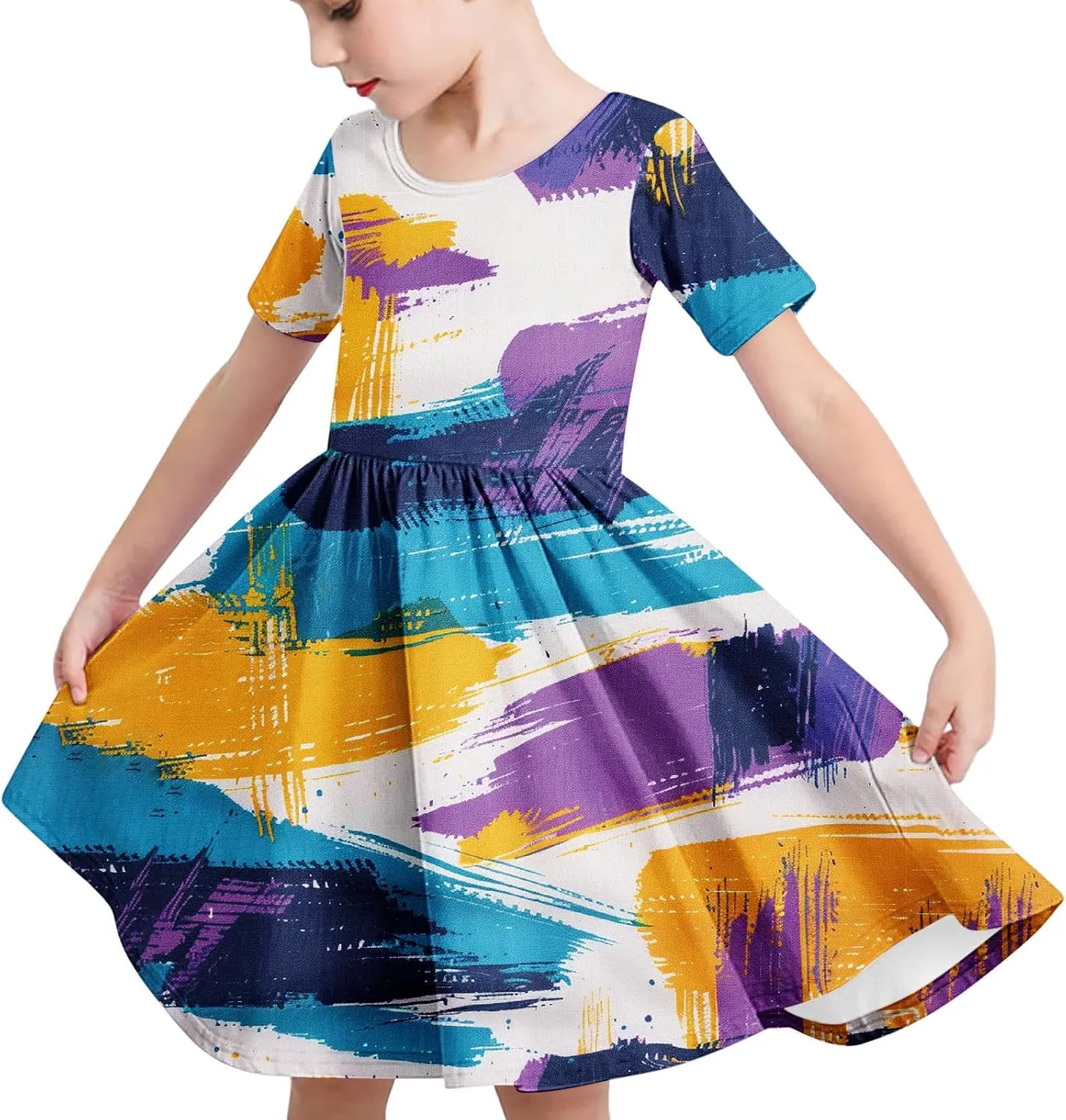 Girls Short Sleeve Dresses Casual Summer Floral Printed Dresses for Party Ruffle Hem a-Line Swing Sundress 4-14 Years
