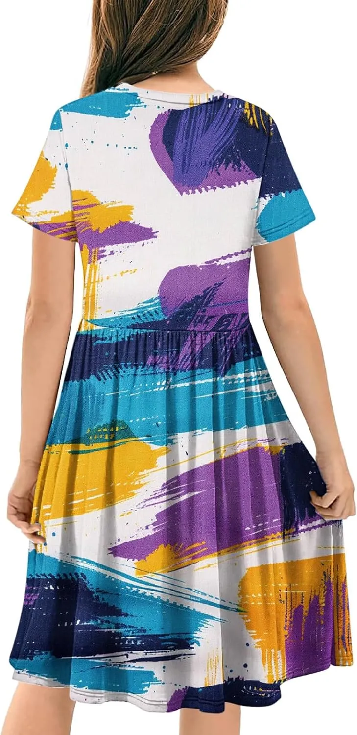 Girls Short Sleeve Dresses Casual Summer Floral Printed Dresses for Party Ruffle Hem a-Line Swing Sundress 4-14 Years