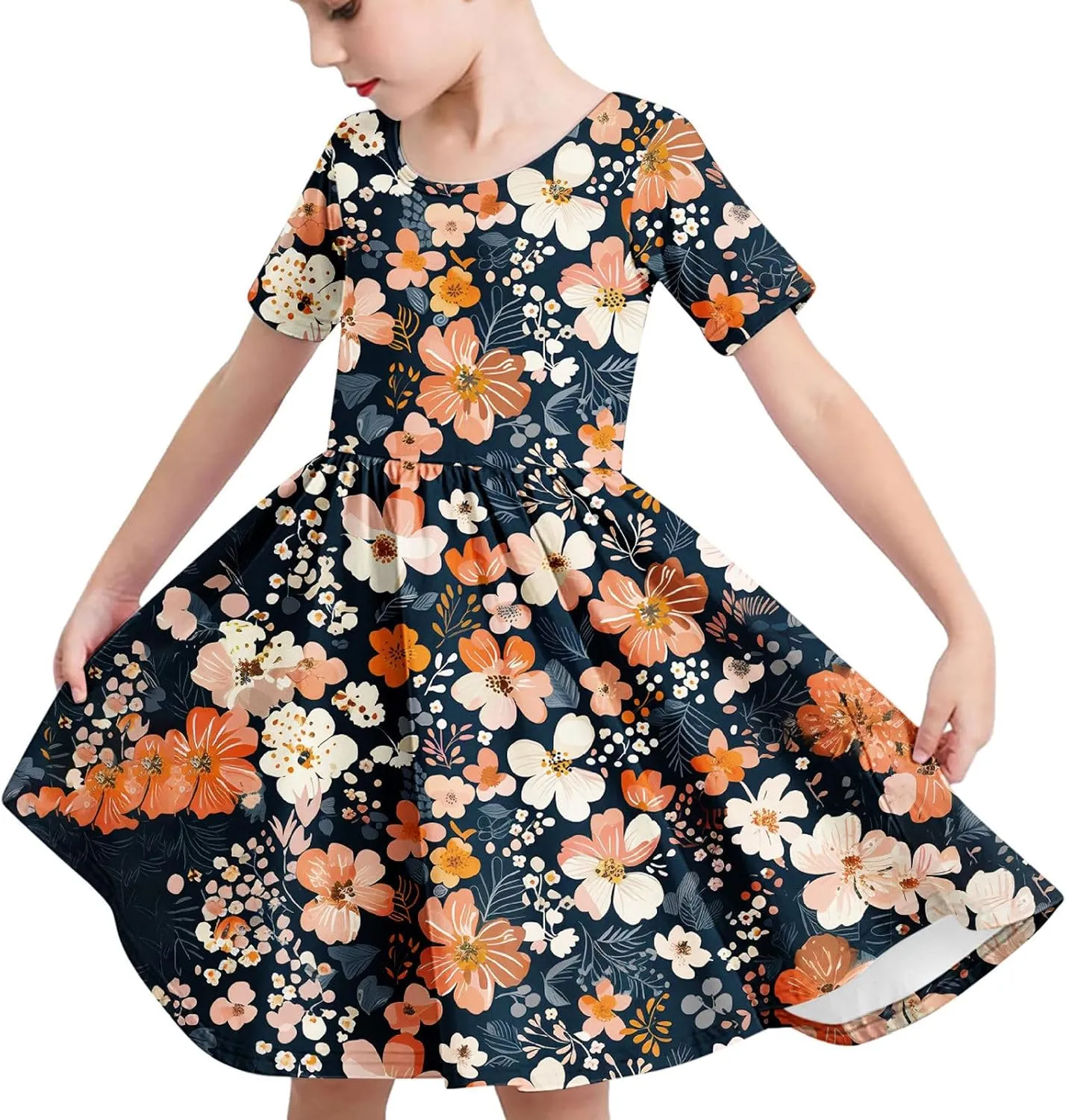Girls Short Sleeve Dresses Casual Summer Floral Printed Dresses for Party Ruffle Hem a-Line Swing Sundress 4-14 Years