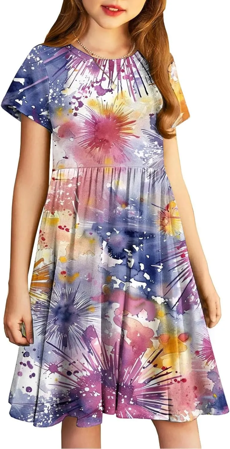 Girls Short Sleeve Dresses Casual Summer Floral Printed Dresses for Party Ruffle Hem a-Line Swing Sundress 4-14 Years