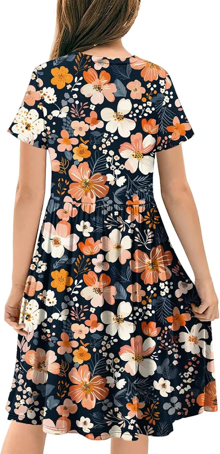 Girls Short Sleeve Dresses Casual Summer Floral Printed Dresses for Party Ruffle Hem a-Line Swing Sundress 4-14 Years