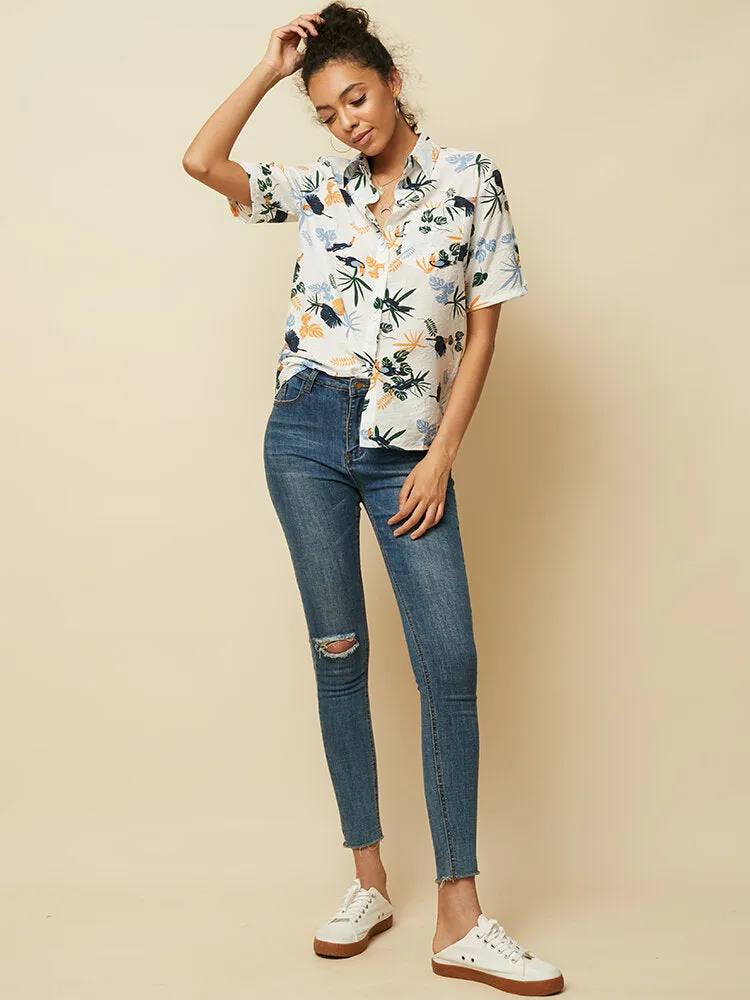 Hawaii Vacation Style Leaf Print Women Short Sleeve Casual Shirts