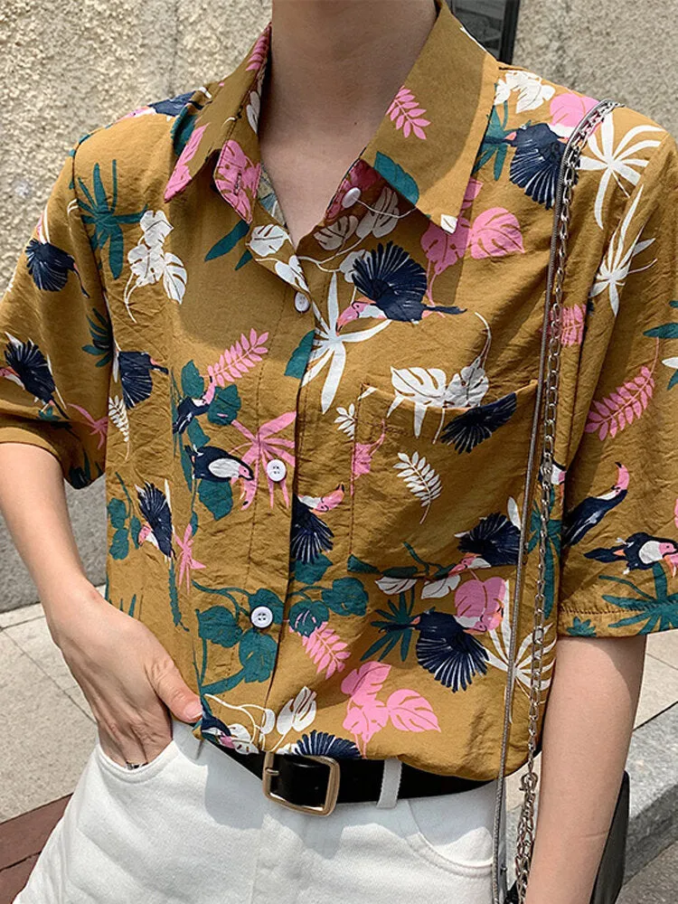 Hawaii Vacation Style Leaf Print Women Short Sleeve Casual Shirts