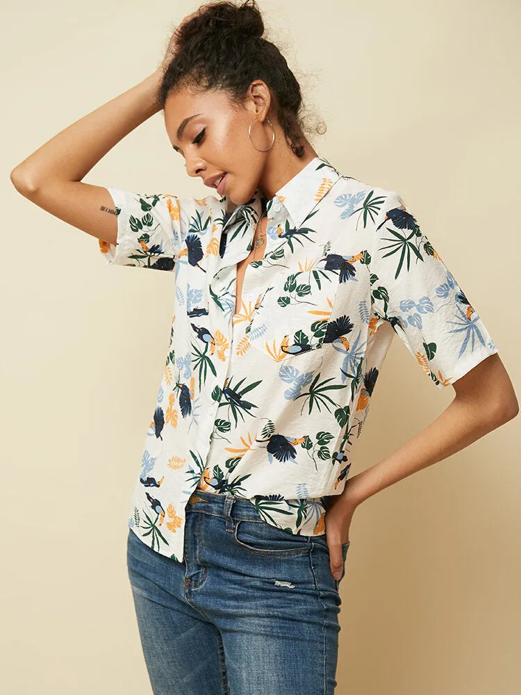Hawaii Vacation Style Leaf Print Women Short Sleeve Casual Shirts