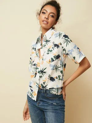 Hawaii Vacation Style Leaf Print Women Short Sleeve Casual Shirts