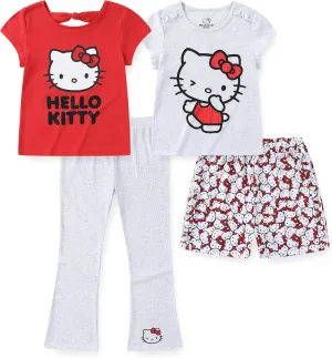 Hello Kitty Sanrio Girls 4 Pack Mix and Match 2 Short Sleeve T-Shirts, Short, and Flared Pants Set for Big Kids