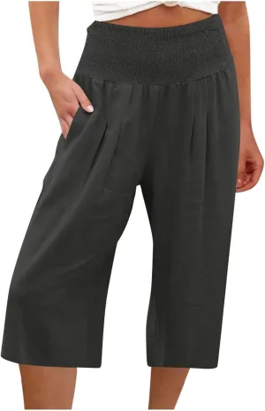 High Waisted Capri Pants for Women Casual Summer Wide Leg Cotton Linen Pant Beach Cropped Trousers Resort Wear