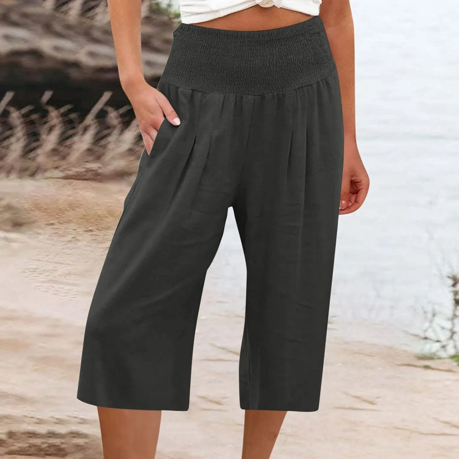 High Waisted Capri Pants for Women Casual Summer Wide Leg Cotton Linen Pant Beach Cropped Trousers Resort Wear