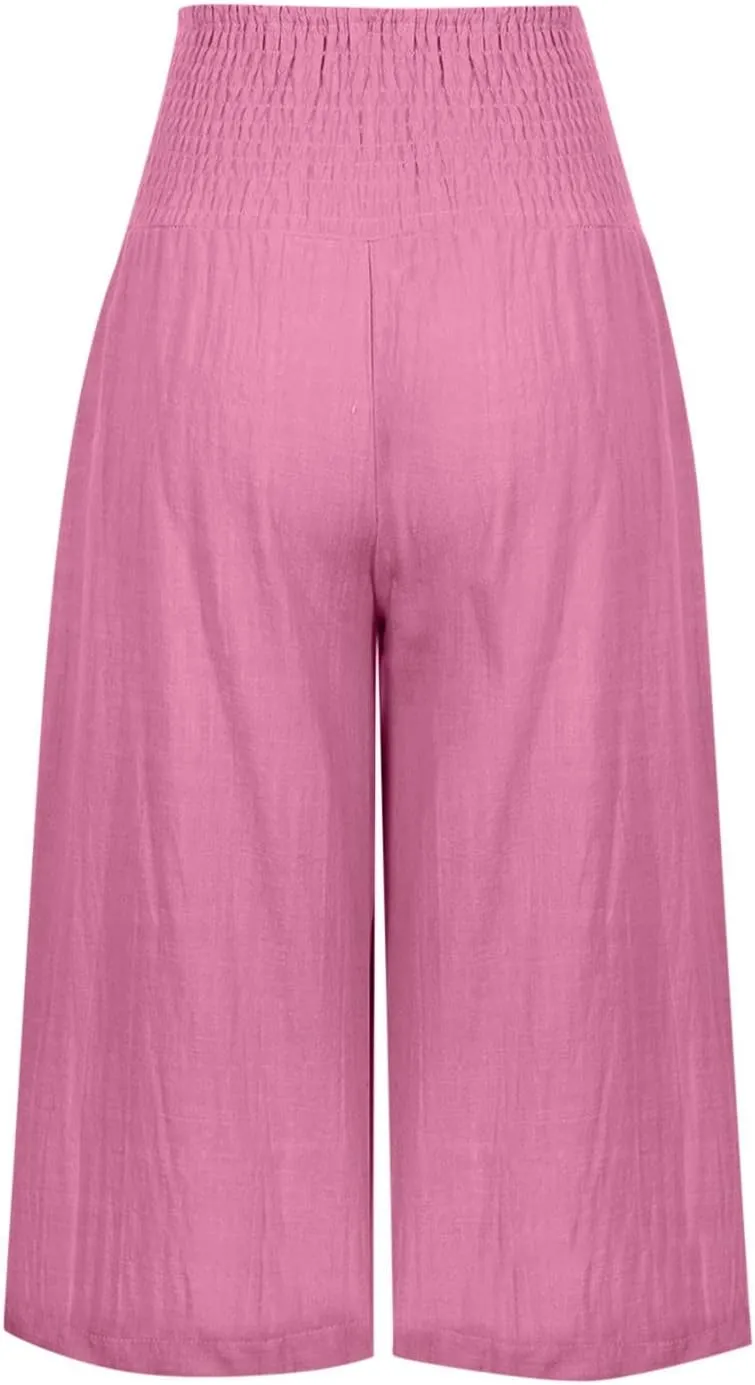 High Waisted Capri Pants for Women Casual Summer Wide Leg Cotton Linen Pant Beach Cropped Trousers Resort Wear