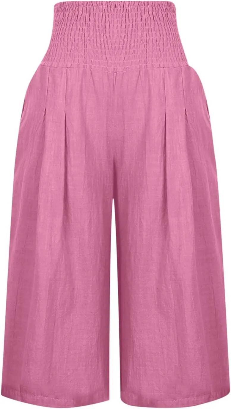 High Waisted Capri Pants for Women Casual Summer Wide Leg Cotton Linen Pant Beach Cropped Trousers Resort Wear