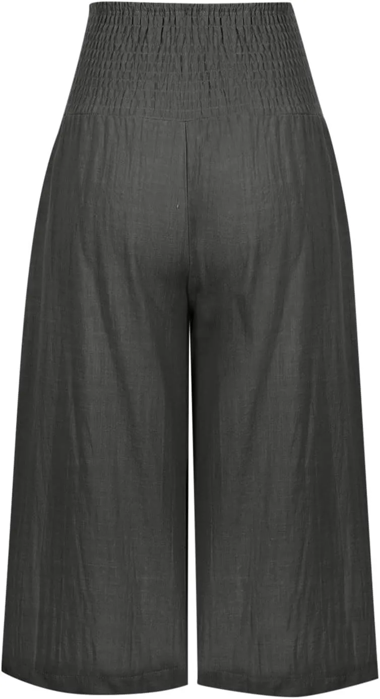 High Waisted Capri Pants for Women Casual Summer Wide Leg Cotton Linen Pant Beach Cropped Trousers Resort Wear