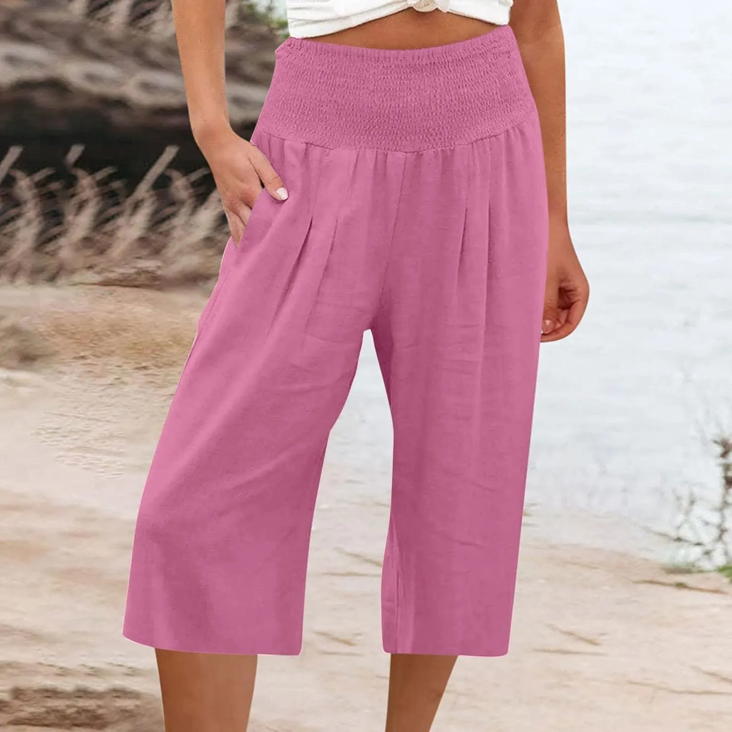 High Waisted Capri Pants for Women Casual Summer Wide Leg Cotton Linen Pant Beach Cropped Trousers Resort Wear