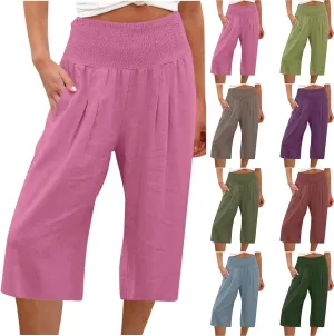 High Waisted Capri Pants for Women Casual Summer Wide Leg Cotton Linen Pant Beach Cropped Trousers Resort Wear