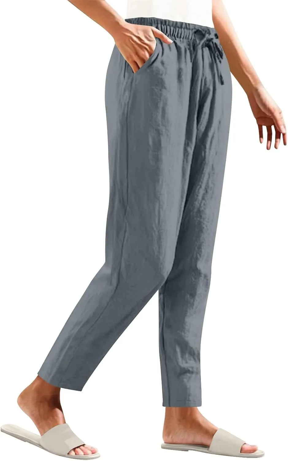 High Waisted Pants for Women Casual Comfy Wide Leg Stretchy Pant Solid Color Cotton Linen Pocketed Bootcut Trousers