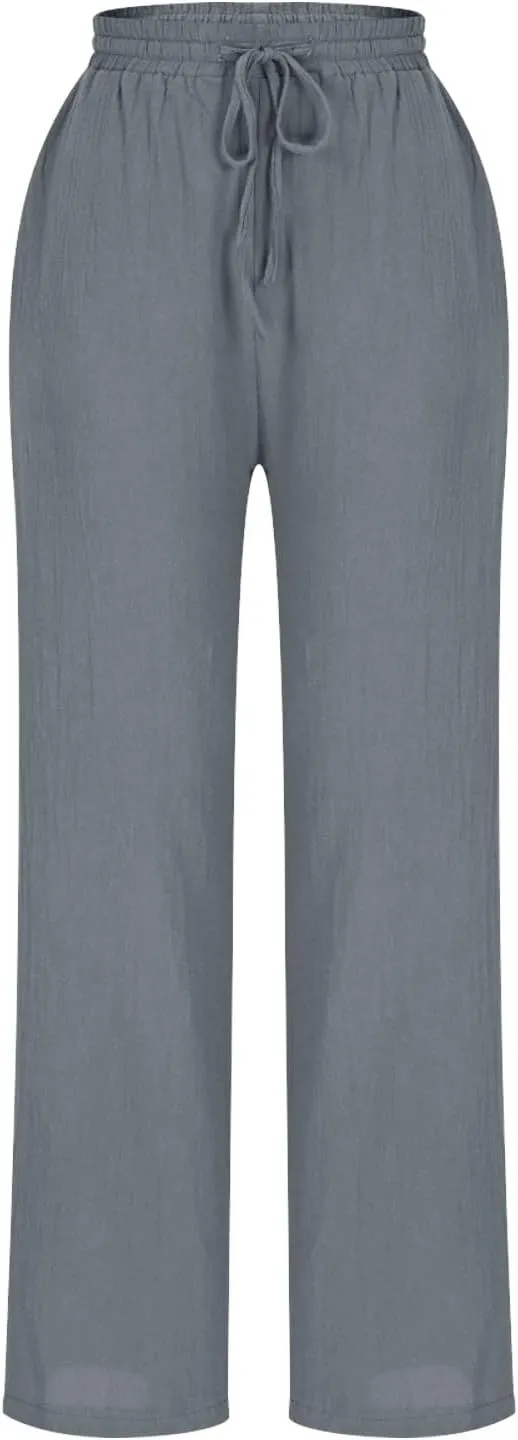 High Waisted Pants for Women Casual Comfy Wide Leg Stretchy Pant Solid Color Cotton Linen Pocketed Bootcut Trousers