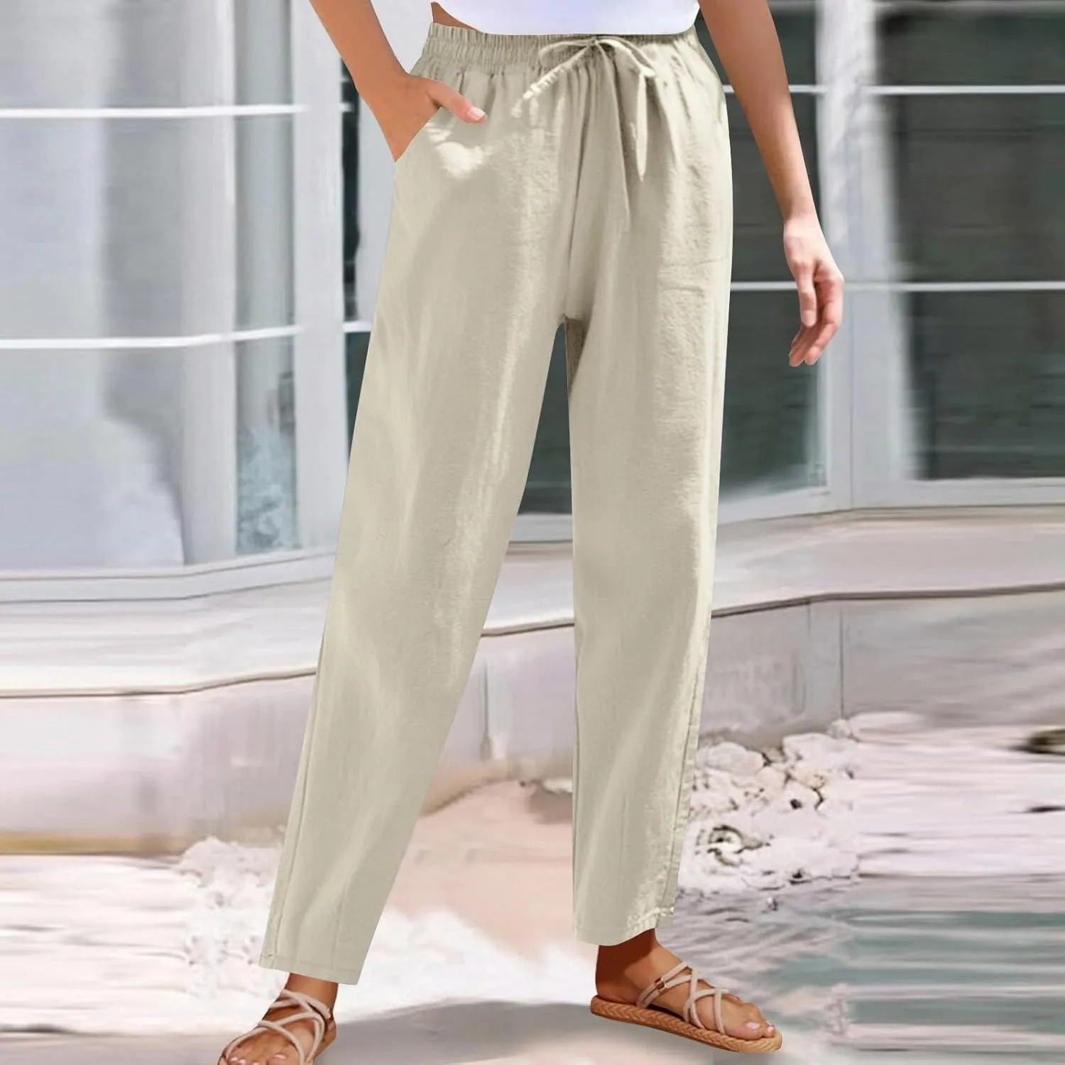 High Waisted Pants for Women Casual Comfy Wide Leg Stretchy Pant Solid Color Cotton Linen Pocketed Bootcut Trousers