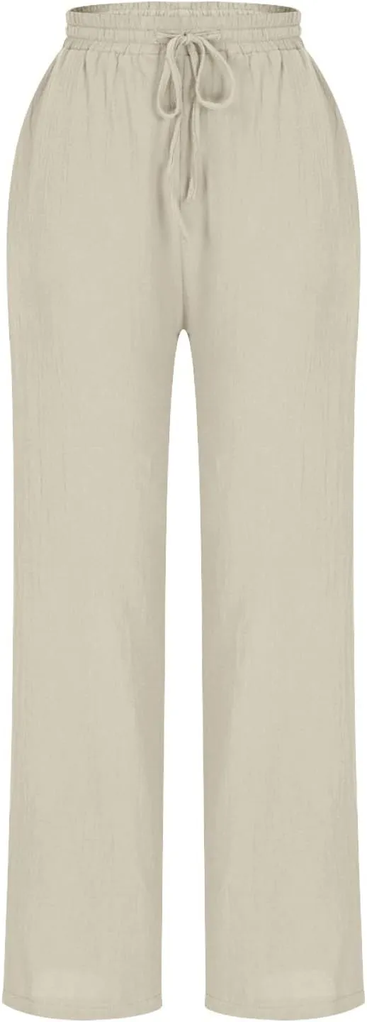 High Waisted Pants for Women Casual Comfy Wide Leg Stretchy Pant Solid Color Cotton Linen Pocketed Bootcut Trousers