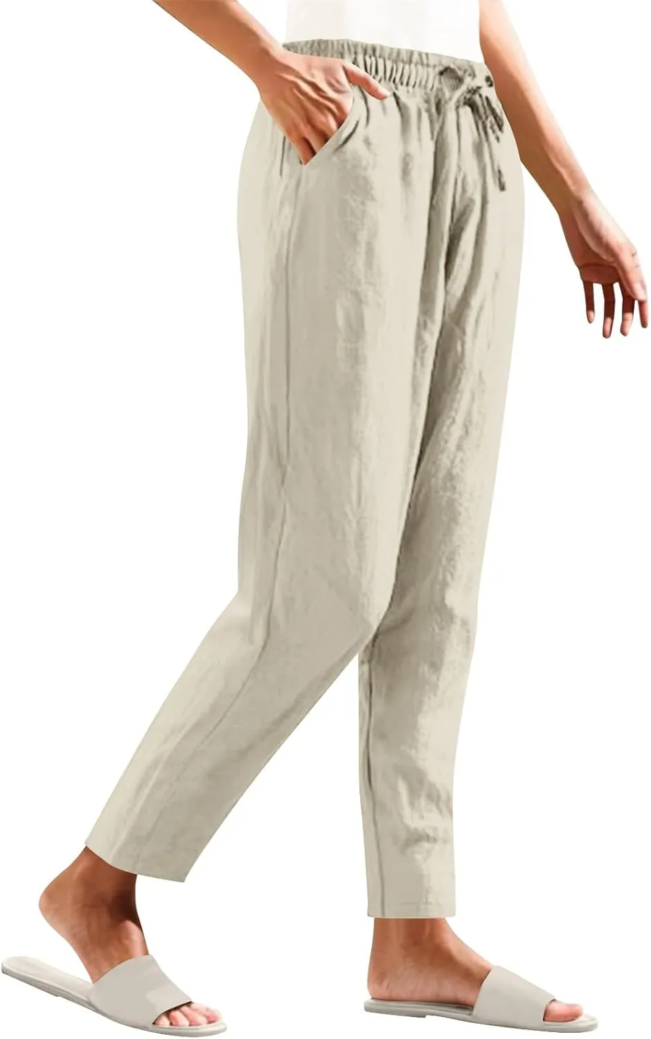 High Waisted Pants for Women Casual Comfy Wide Leg Stretchy Pant Solid Color Cotton Linen Pocketed Bootcut Trousers