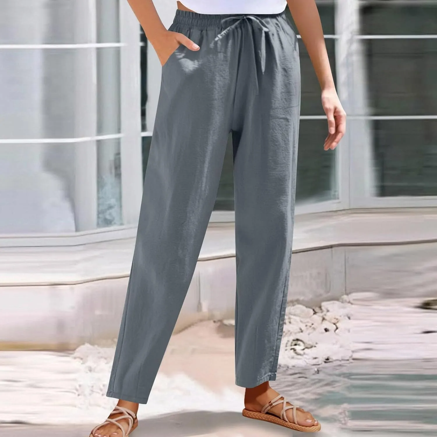 High Waisted Pants for Women Casual Comfy Wide Leg Stretchy Pant Solid Color Cotton Linen Pocketed Bootcut Trousers