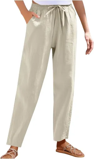 High Waisted Pants for Women Casual Comfy Wide Leg Stretchy Pant Solid Color Cotton Linen Pocketed Bootcut Trousers