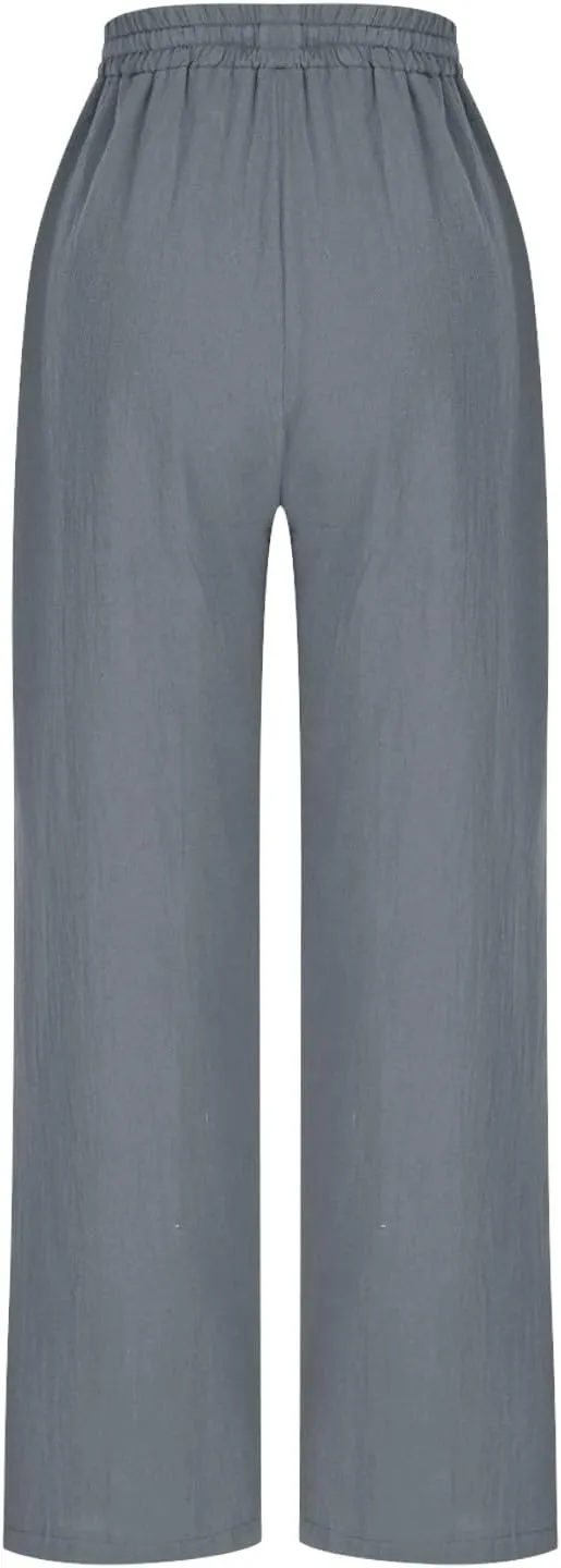 High Waisted Pants for Women Casual Comfy Wide Leg Stretchy Pant Solid Color Cotton Linen Pocketed Bootcut Trousers