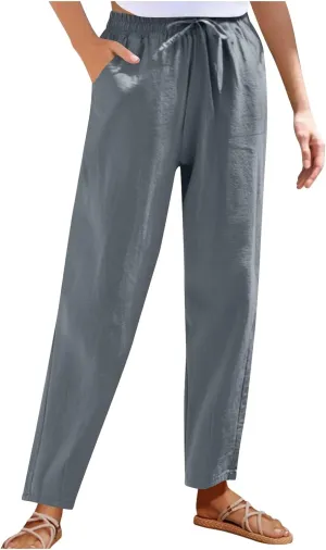High Waisted Pants for Women Casual Comfy Wide Leg Stretchy Pant Solid Color Cotton Linen Pocketed Bootcut Trousers