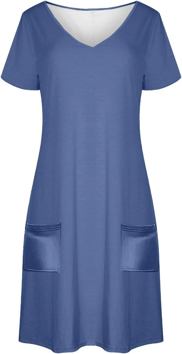 hlysgo Casual Dresses for Women 2025 Summer Short Sleeve V Neck Mini Dress Ladies A-Line Flowy T-Shirts Dress with Pockets