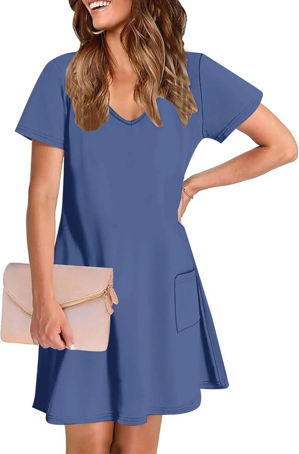 hlysgo Casual Dresses for Women 2025 Summer Short Sleeve V Neck Mini Dress Ladies A-Line Flowy T-Shirts Dress with Pockets