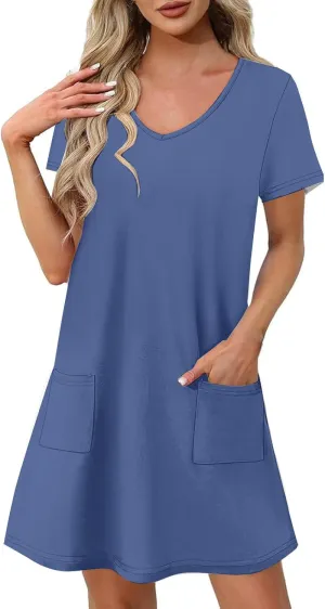 hlysgo Casual Dresses for Women 2025 Summer Short Sleeve V Neck Mini Dress Ladies A-Line Flowy T-Shirts Dress with Pockets