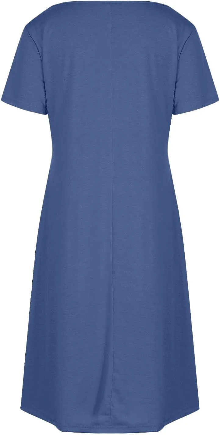 hlysgo Casual Dresses for Women 2025 Summer Short Sleeve V Neck Mini Dress Ladies A-Line Flowy T-Shirts Dress with Pockets