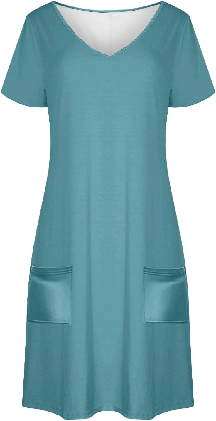 hlysgo Casual Dresses for Women 2025 Summer Short Sleeve V Neck Mini Dress Ladies A-Line Flowy T-Shirts Dress with Pockets