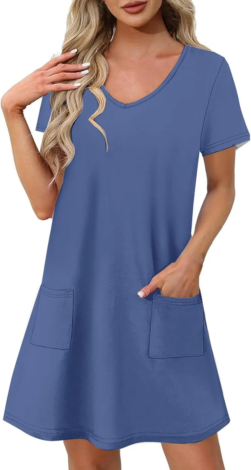 hlysgo Casual Dresses for Women 2025 Summer Short Sleeve V Neck Mini Dress Ladies A-Line Flowy T-Shirts Dress with Pockets