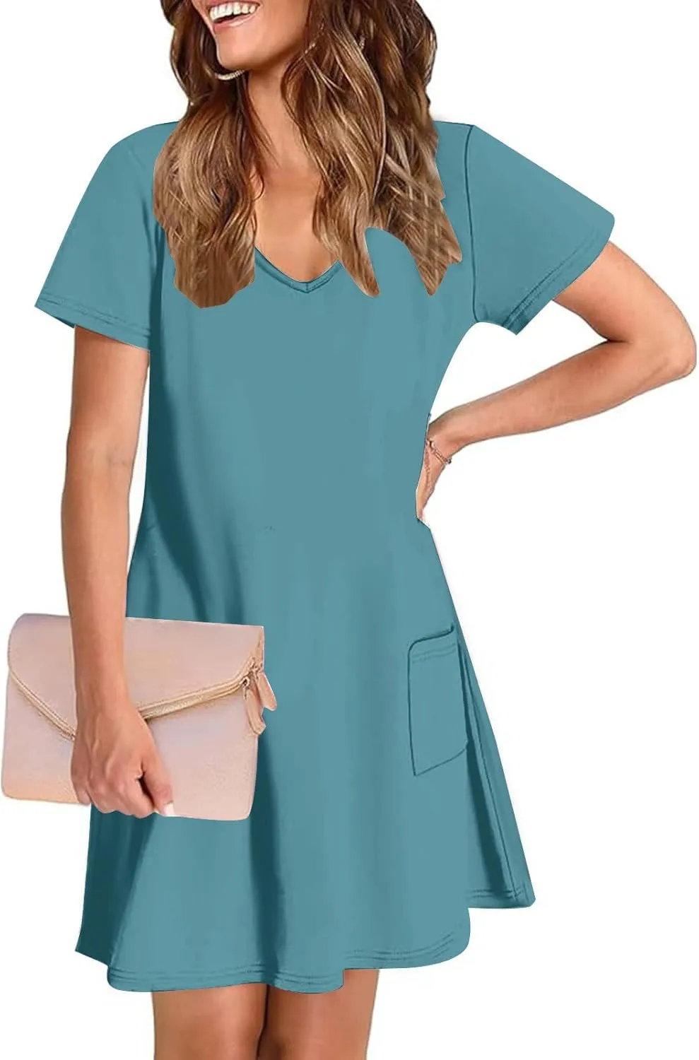 hlysgo Casual Dresses for Women 2025 Summer Short Sleeve V Neck Mini Dress Ladies A-Line Flowy T-Shirts Dress with Pockets