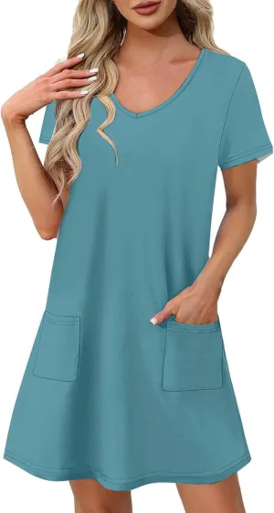 hlysgo Casual Dresses for Women 2025 Summer Short Sleeve V Neck Mini Dress Ladies A-Line Flowy T-Shirts Dress with Pockets
