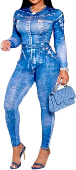 Hotheart Womens Sexy 2 Pieces Fake Denim Printed T-shirts Tops Bodycon Legging Pants Party Clubwear Tracksuit Outfits Set