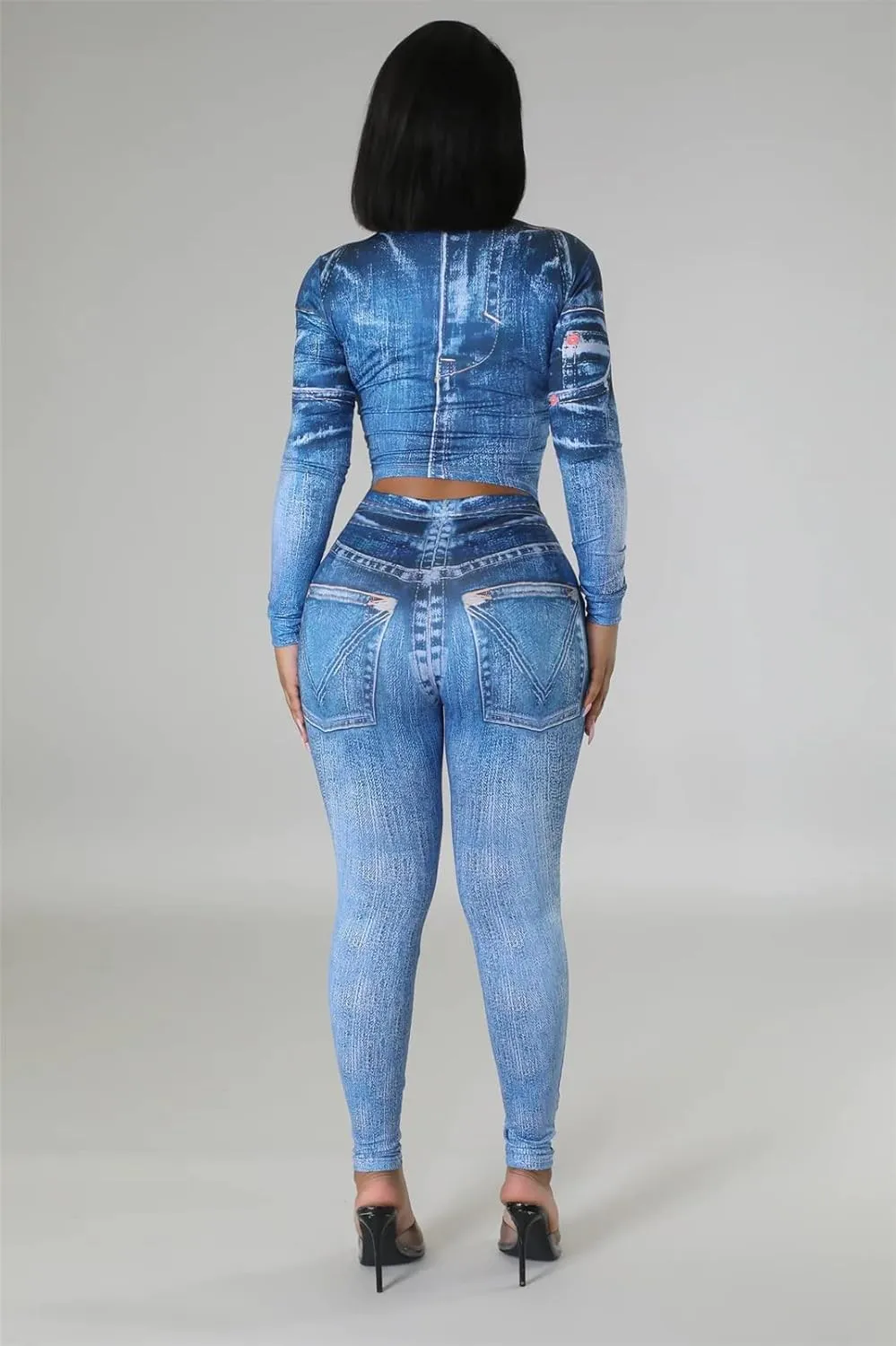 Hotheart Womens Sexy 2 Pieces Fake Denim Printed T-shirts Tops Bodycon Legging Pants Party Clubwear Tracksuit Outfits Set