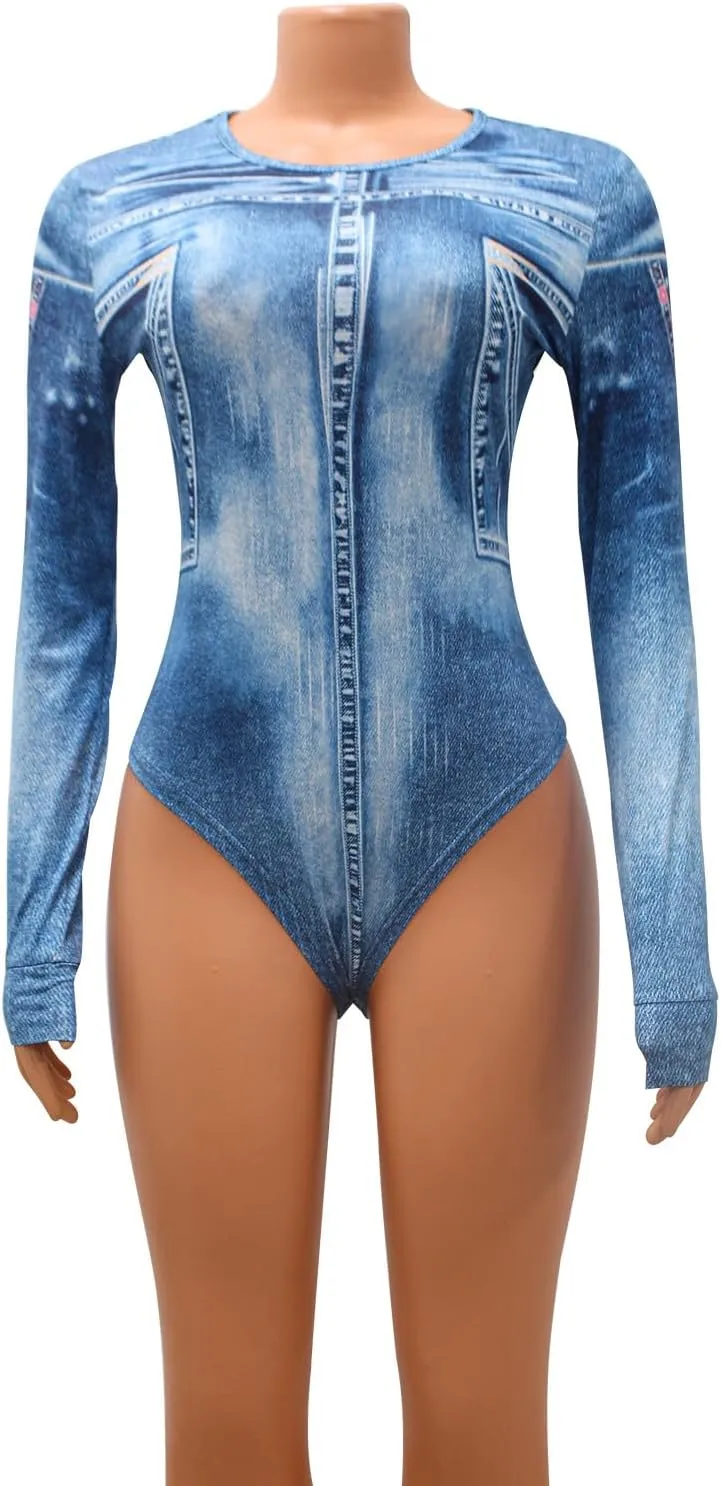 Hotheart Womens Sexy 2 Pieces Fake Denim Printed T-shirts Tops Bodycon Legging Pants Party Clubwear Tracksuit Outfits Set