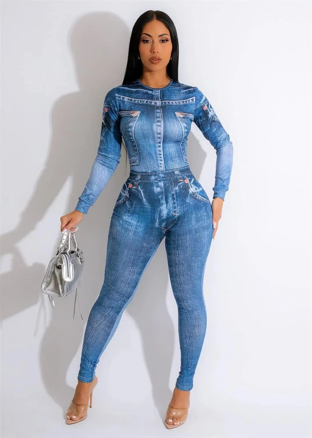 Hotheart Womens Sexy 2 Pieces Fake Denim Printed T-shirts Tops Bodycon Legging Pants Party Clubwear Tracksuit Outfits Set