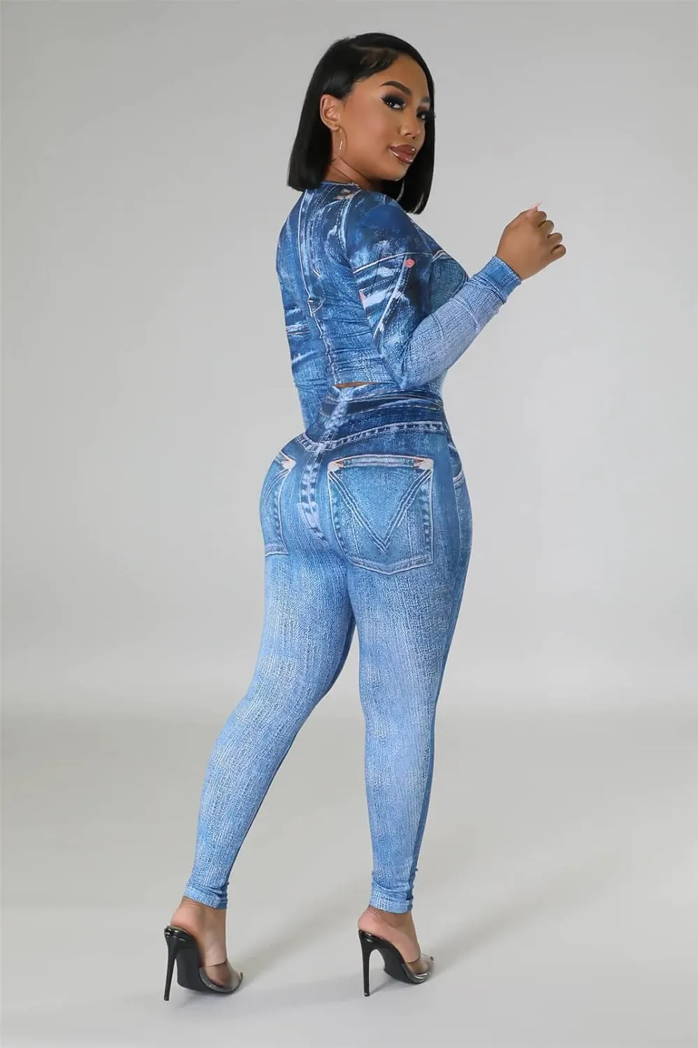 Hotheart Womens Sexy 2 Pieces Fake Denim Printed T-shirts Tops Bodycon Legging Pants Party Clubwear Tracksuit Outfits Set