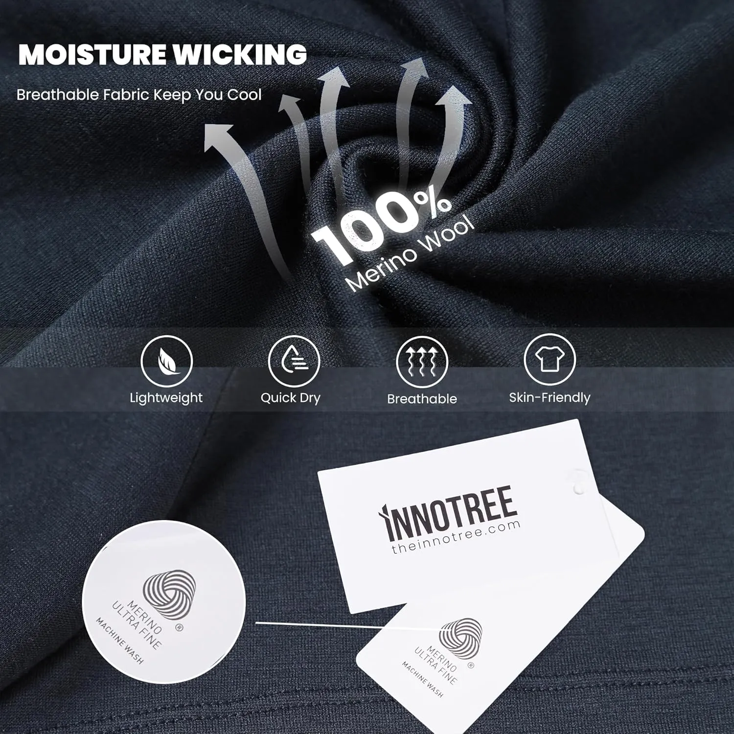 innotree Merino Wool T Shirts for Men - 100% Organic Odor Resistance Merino Wool Undershirt Hiking Travel Base Layer T-Shirt