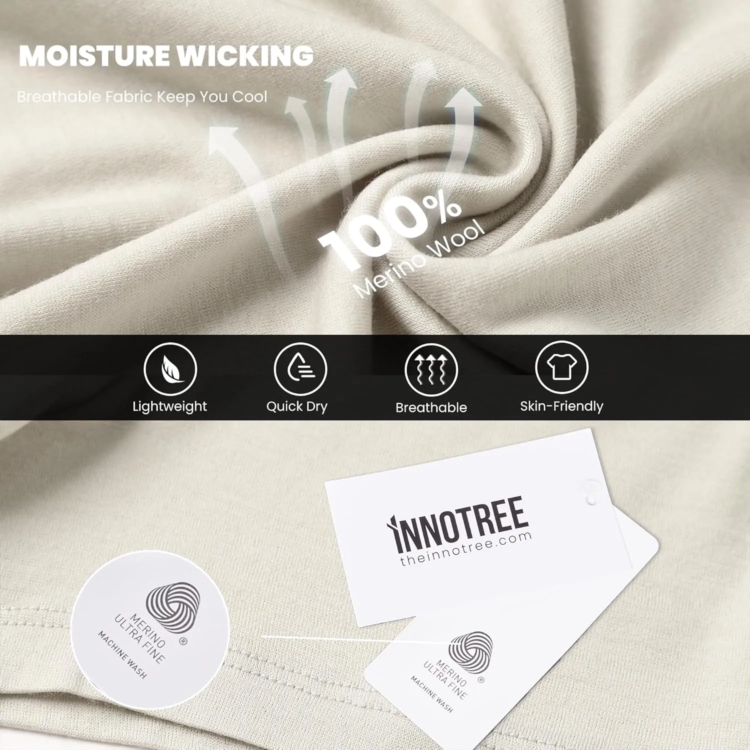 innotree Merino Wool T Shirts for Men - 100% Organic Odor Resistance Merino Wool Undershirt Hiking Travel Base Layer T-Shirt
