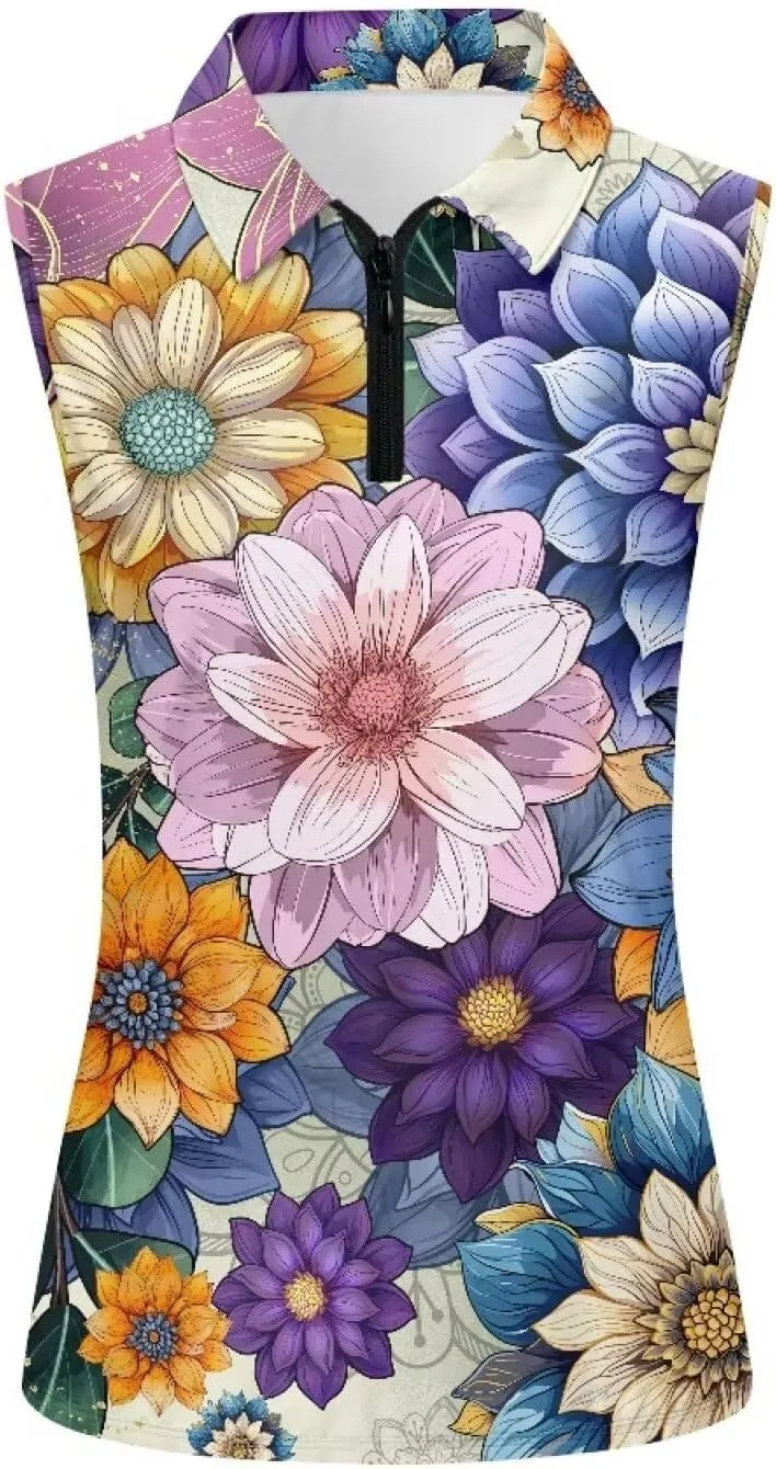 Irisjudy 1/4 Zip Up Tennis Golf T-Shirts for Women Novelty Animals Floral Lightweight Sleeveless Collared Tank Top Quick Dry