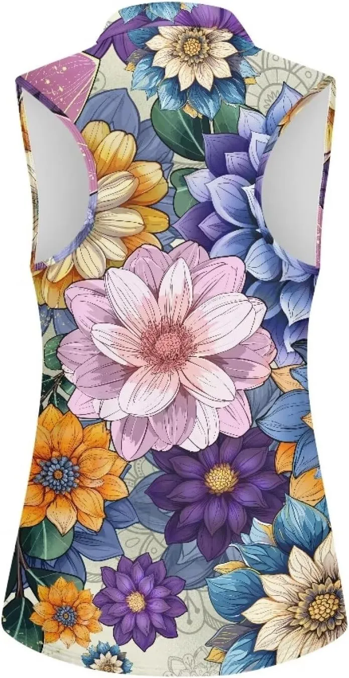 Irisjudy 1/4 Zip Up Tennis Golf T-Shirts for Women Novelty Animals Floral Lightweight Sleeveless Collared Tank Top Quick Dry