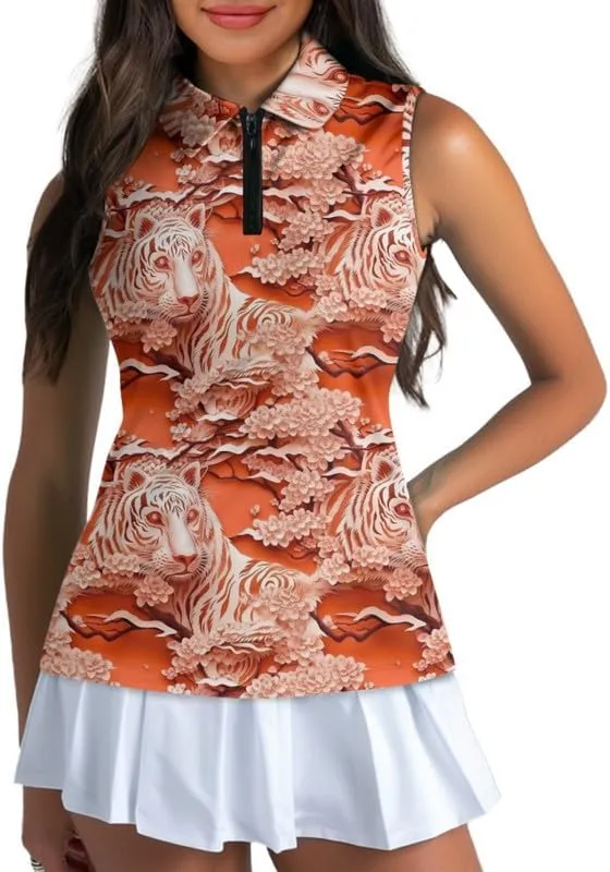 Irisjudy 1/4 Zip Up Tennis Golf T-Shirts for Women Novelty Animals Floral Lightweight Sleeveless Collared Tank Top Quick Dry