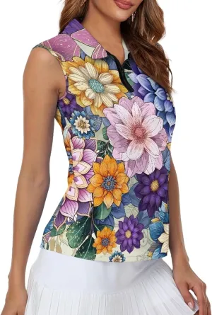 Irisjudy 1/4 Zip Up Tennis Golf T-Shirts for Women Novelty Animals Floral Lightweight Sleeveless Collared Tank Top Quick Dry