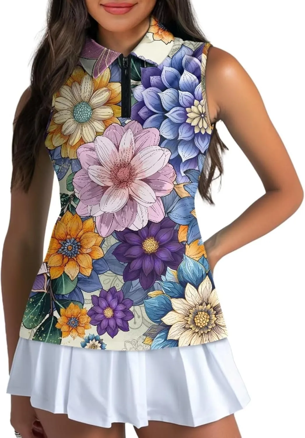 Irisjudy 1/4 Zip Up Tennis Golf T-Shirts for Women Novelty Animals Floral Lightweight Sleeveless Collared Tank Top Quick Dry