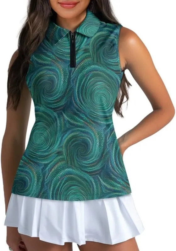 Irisjudy 1/4 Zip Up Tennis Golf T-Shirts for Women Novelty Animals Floral Lightweight Sleeveless Collared Tank Top Quick Dry