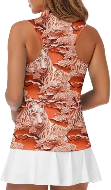 Irisjudy 1/4 Zip Up Tennis Golf T-Shirts for Women Novelty Animals Floral Lightweight Sleeveless Collared Tank Top Quick Dry
