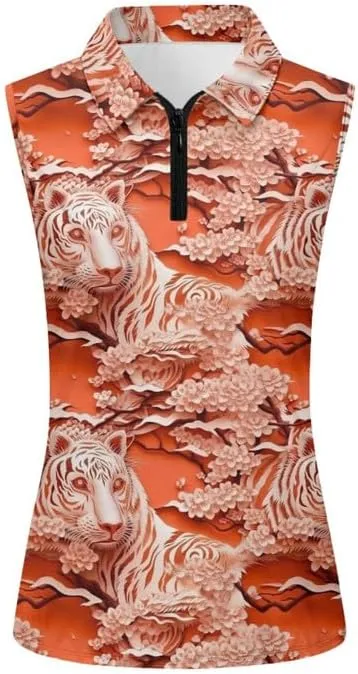 Irisjudy 1/4 Zip Up Tennis Golf T-Shirts for Women Novelty Animals Floral Lightweight Sleeveless Collared Tank Top Quick Dry