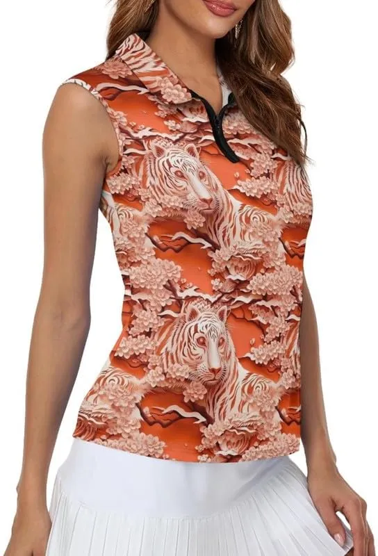 Irisjudy 1/4 Zip Up Tennis Golf T-Shirts for Women Novelty Animals Floral Lightweight Sleeveless Collared Tank Top Quick Dry